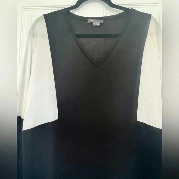 Vince Womens V Neck Shirt Black White colorblock Semi Sheer Long Sleeve Top Sz M - Picture 8 of 12
